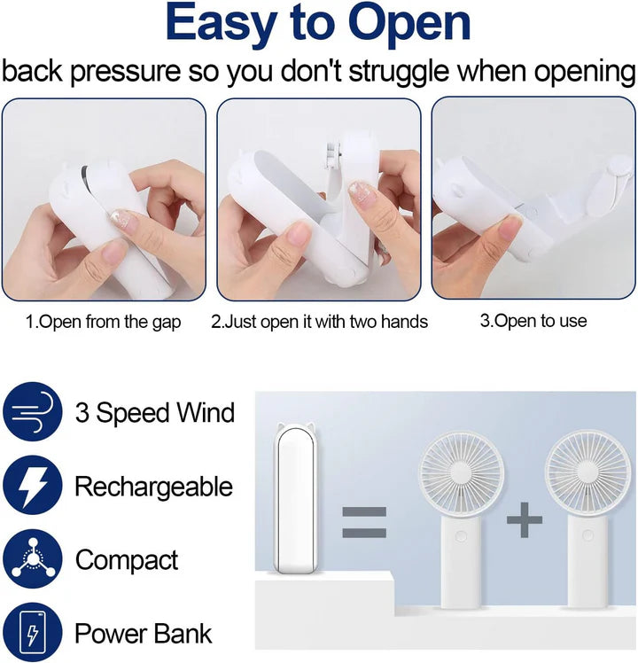 2 in 1 PowerBank Mini Handheld Fan – USB Rechargeable, Foldable & Portable Pocket Fan, Quiet Operation for Travel, Home & Outdoor