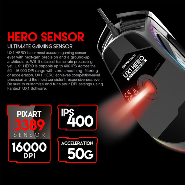 UX1 HERO ULTIMATE MACRO RGB GAMING MOUSE - 400 IPS / 50G Acceleration - RGB 16.8 Million Options - Wired 1.8m Nylon Braided USB Cable - 8 Programmable Buttons - Image 8