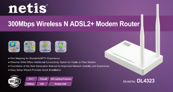 NETIS DL4323 300Mbps High-Speed Wireless N ADSL2 and Modem Router Combo | 4-Port NAT Router and Wireless N Access Point with High Gain Antenna - Image 2