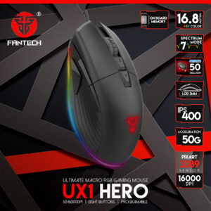 UX1 HERO ULTIMATE MACRO RGB GAMING MOUSE - 400 IPS / 50G Acceleration - RGB 16.8 Million Options - Wired 1.8m Nylon Braided USB Cable - 8 Programmable Buttons