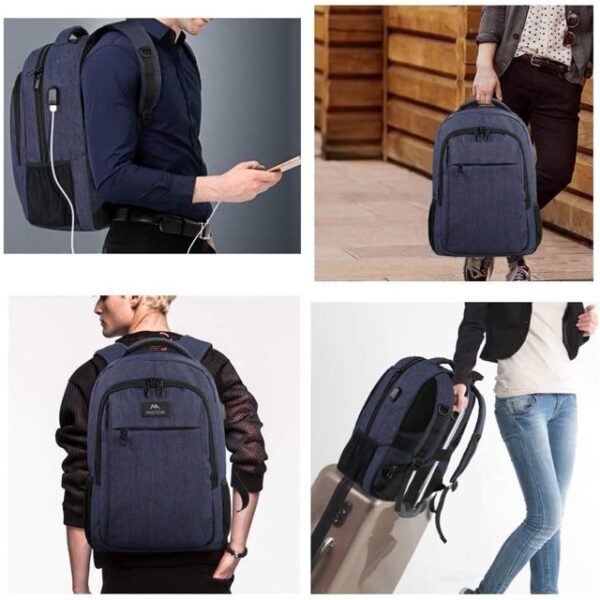 Navy-Blue Laptop Backpack USB Charging Port - Water Resistant -  STORAGE SPACE & Organized POCKETS  - Fits 15.6 Inch Notebook - For Travel College School - Image 3