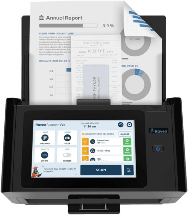 Raven Pro Document Scanner - Huge Touchscreen, High Speed Color Duplex Feeder (ADF), Wireless Scan to Cloud, WiFi, Ethernet, USB, Home or Office Desktop- NEW OPEN BOX