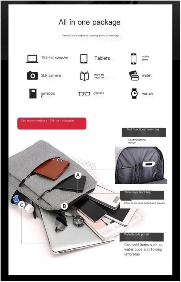 Laptop Backpack - for Tablets & Laptops up to 15.6" - Waterproof - Electronics Protection  - Scratchproof - Travel Friendly - Organized Compartments - USB Charge Port - Slim Casual Business Design - Heavy Duty - 42 x 12 x 30 cm - GREY - Image 24