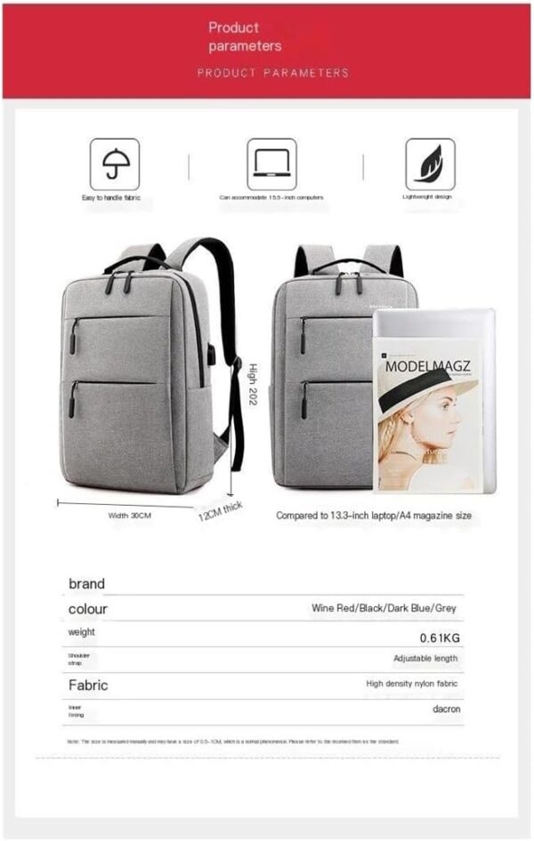 Laptop Backpack - for Tablets & Laptops up to 15.6" - Waterproof - Electronics Protection  - Scratchproof - Travel Friendly - Organized Compartments - USB Charge Port - Slim Casual Business Design - Heavy Duty - 42 x 12 x 30 cm - GREY - Image 25