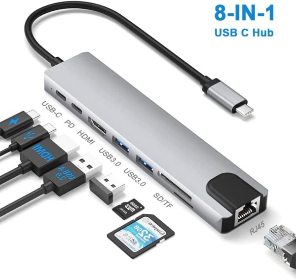 CONVERTER 8 IN 1 TYPE-C TO HDMI - SD - TF - USB3.0 - TYPEC - PD - LAN / 4K Adapter with RJ45 Ethernet SD/TF Card Reader PD Thunderbolt 3 