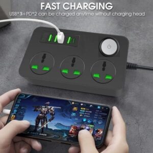 Power Strip with 6 Ports - 10A Extension Cord - 3 x Universal Power Socket 2500W; 1x TYPE-C 20W Fast PD ; 5x USB 38W ; Multi-Port Fast Charging Station with 2m Power Cord - Surge Protection