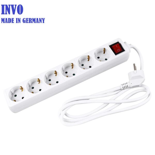 INVO B06S German Electric Power Strip with 6 Outlets -1.8m Cable - 6 WAY - WHITE