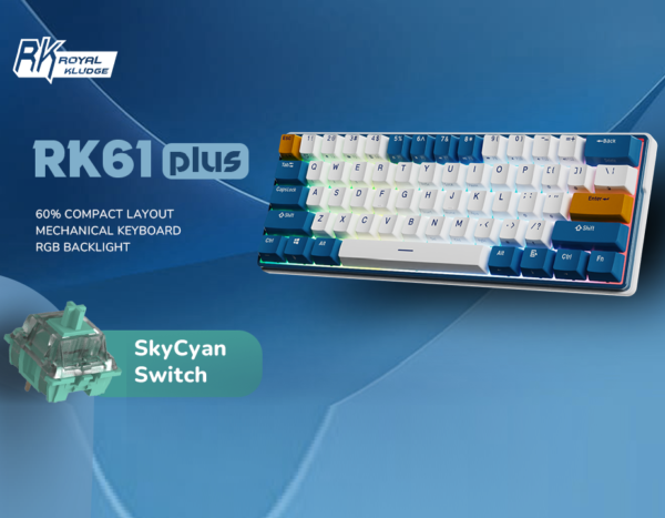 RK ROYAL KLUDGE RK61 Plus Wireless Mechanical Keyboard, Bluetooth/2.4G/Wired RGB Gaming Keyboard, 60% Hot Swappable Computer PC Keyboards with USB Hub, Silence Linear SkyCyan Switches -  English/Arabic