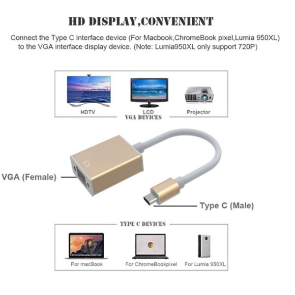 Type C USB-C to Female VGA Adapter Converter Cable , Supports HD , Plug and play - GOLD - Image 2