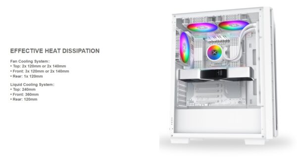 Xigmatek Elite One Arctic ATX Mid Tower Gaming PC Case w/FRONT PANEL TEMPERED GLASS , Support Up to 320mm GPU & up to 6 Fans ; Prebuilt 4 X 120mm RGB Case Fans, EFFECTIVE HEAT DISSIPATION  - WHITE  - Image 3