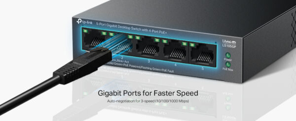 TP-Link 5-Port Gigabit Desktop Switch with 4-Port PoE+, up to 10 Gbps switching capacity, 65 W PoE Budget up to 250 m Transmission, desktop or wall-mounting design, Plug and play, metal case(LS105GP) - Image 6