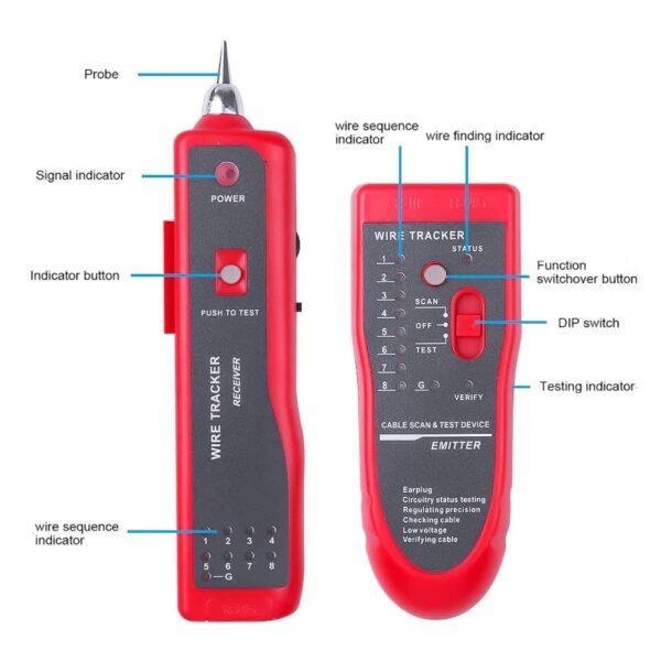 AR-868 Wire Tracker Kit , Cable Break Point Tester for Network Cable (RJ45), Ethernet LAN, Telephone Line (RJ11) with 2X 9V Batteries , Crocodile Clamp , RJ11 Cable , RJ45 Cable, Earphone , Cable Receiver , Cable Emitter - Image 7
