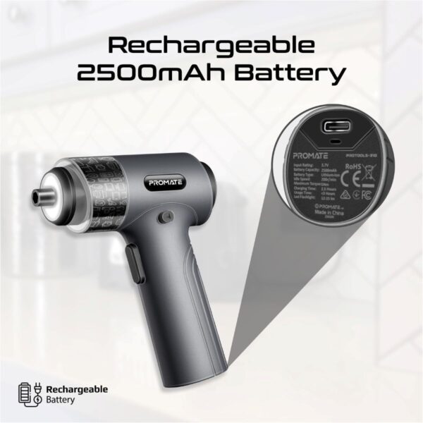 Promate Electric Screwdriver Set, Premium 36-in-1 Wireless Rechargeable Screwdriver with 32 S2 Steel Bits, Rapid 200 RPM, 5Nm Strong Torque, LED Fill Light and Storage Case - Image 4