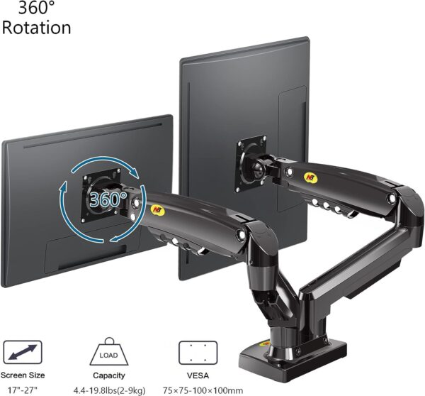 Dual Monitor Desk Mount Stand Gas Spring 360 Degree Full Rotation ; Computer Monitor Arm for Two Screens 17" - 27" Inch with 2~9 Kg Load Capacity for Each Display ;  F160