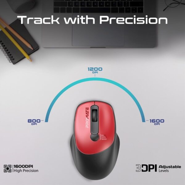 Promate Wireless Mouse, EZGrip Ergonomic Ambidextrous 2.4GHz Mice, Adjustable 1600DPI, 6 million Keystrokes, Nano USB Receiver, 10m Range - RED - Image 6