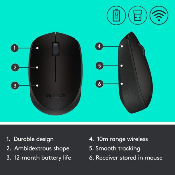 Logitech M171 Optical Wireless Mouse, 1000 DPI, Black - Image 2