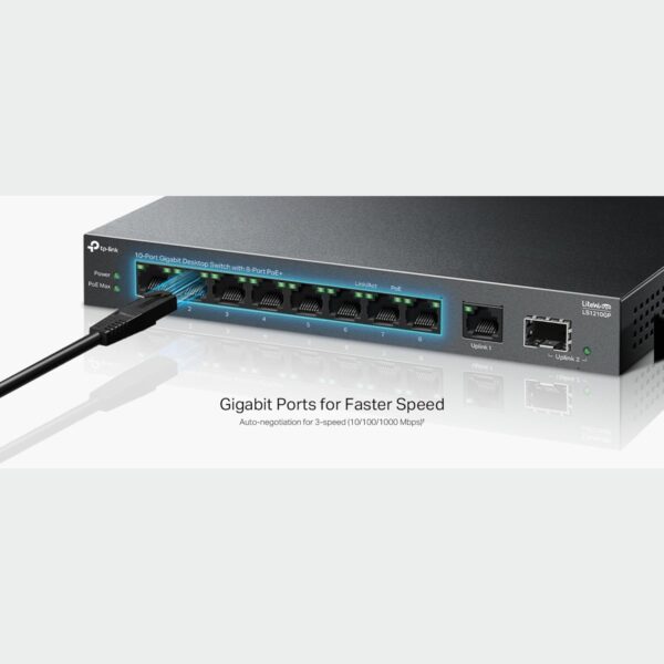 TP-Link 10-Port Gigabit Desktop Switch with 8-Port PoE+, 61 W PoE Budget, 30 W PoE output, Up to 250m PoE Transmission. Traffic Separation, Plug and Play, Fanless, Metal Case (LS1210GP) - Image 4