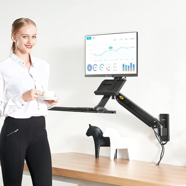 Sit Stand Workstation Wall Mount Height Adjustable Sit-Stand Converter for 22” -32” Screens with Keyboard Tray, VESA 75/100, Load Capacity from 3 – 9 kg - Image 2