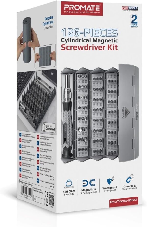 Promate Electronics Screwdriver Set, Premium Ergonomic 126-in-1 Precision Screwdriver Kit with 120 CR-V Steel Bits  Incased in a Foldable Cylindrical Case - Image 3