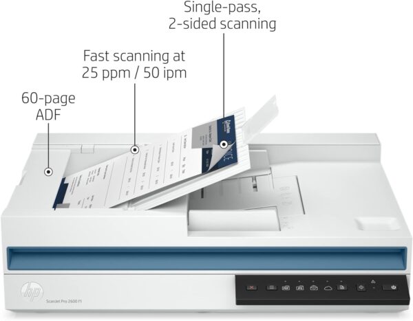 HP Scanner 24-bit (external), 48-bit (internal) CIS Up to 600 x 600 dpi (color and mono, ADF); Up to 1200 x 1200 dpi (color and mono, flatbed) ScanJet Pro 2600 f1 Scanner