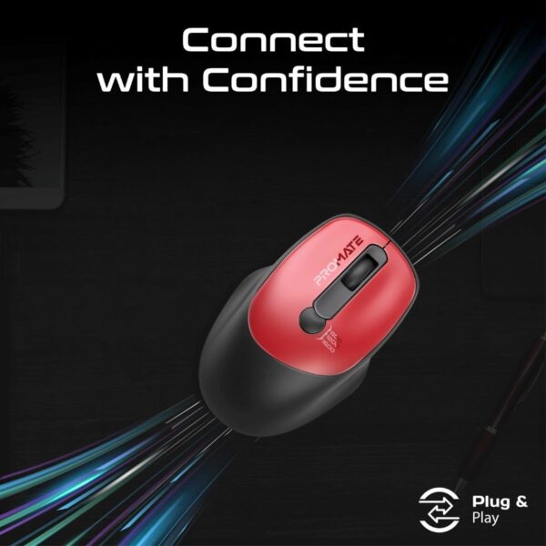 Promate Wireless Mouse, EZGrip Ergonomic Ambidextrous 2.4GHz Mice, Adjustable 1600DPI, 6 million Keystrokes, Nano USB Receiver, 10m Range - RED