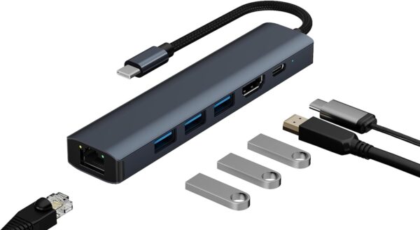 USB C HUB, 6-in-1 USB C Adapter Docking Station with 4K 30HZ 1080P HDMI,100W PD,USB3.0 * 3,RJ45 Ethernet,Compatible with MacBook Pro/Air, Other Type C Laptops Devices. - Image 2