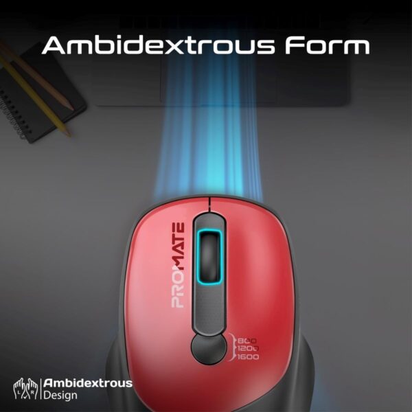 Promate Wireless Mouse, EZGrip Ergonomic Ambidextrous 2.4GHz Mice, Adjustable 1600DPI, 6 million Keystrokes, Nano USB Receiver, 10m Range - RED - Image 4