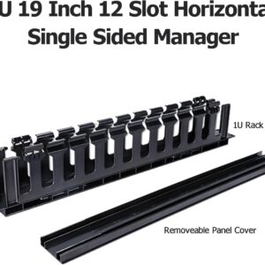 1U 19 Inch 12 Slot Horizontal Single Sided Manager, Cable Raceway Duct with Cover for Rack Mount Cable Management, 3.43 inch Depth