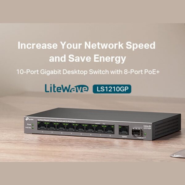 TP-Link 10-Port Gigabit Desktop Switch with 8-Port PoE+, 61 W PoE Budget, 30 W PoE output, Up to 250m PoE Transmission. Traffic Separation, Plug and Play, Fanless, Metal Case (LS1210GP) - Image 2