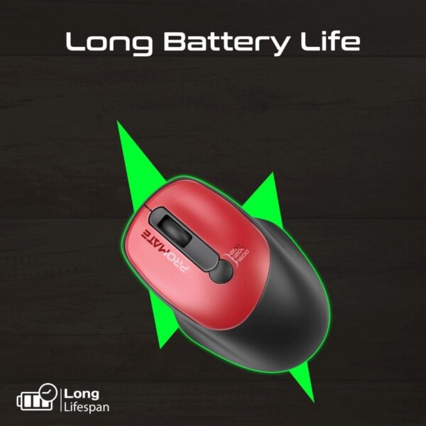 Promate Wireless Mouse, EZGrip Ergonomic Ambidextrous 2.4GHz Mice, Adjustable 1600DPI, 6 million Keystrokes, Nano USB Receiver, 10m Range - RED - Image 3