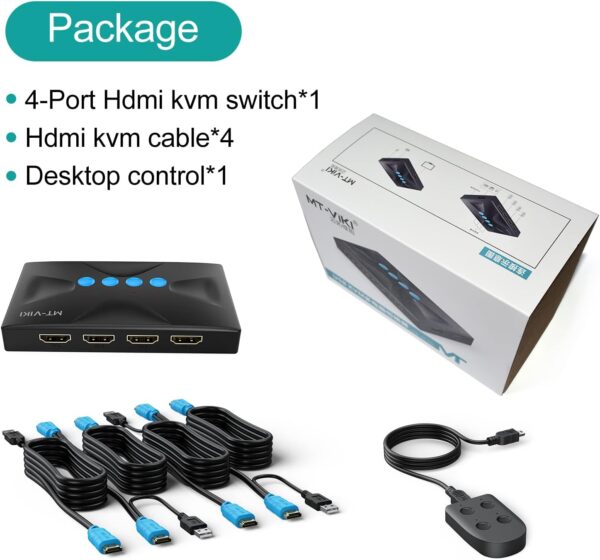 KVM Switch HDMI 4 port Boxes, 4K@30hz USB KVM HDMI Console for 4 Computers sharing Keyboard Mouse and HD Monitor with 4 pack -  2in1 KVM Cables + Desktop Selector Included - Image 4