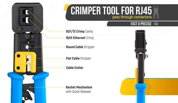 RJ45 Crimping Tool for Pass Through Connector RJ11 & RJ45 Plugs Networking Cat6 - Image 4
