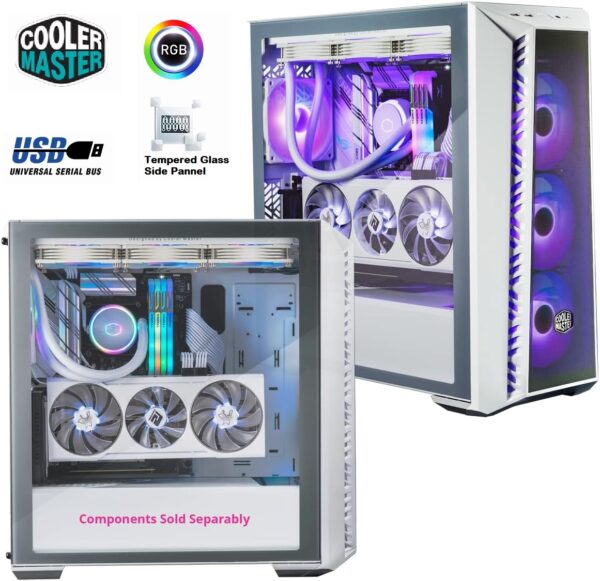 Cooler Master MasterBox 520 Mesh Airflow ATX Mid-Tower, Mesh Front Panel, Tempered Glass Panel, E-ATX up to 10.7”, Gen2 Type-C, Three CF120 120mm PWM Customizable ARGB Fan - White