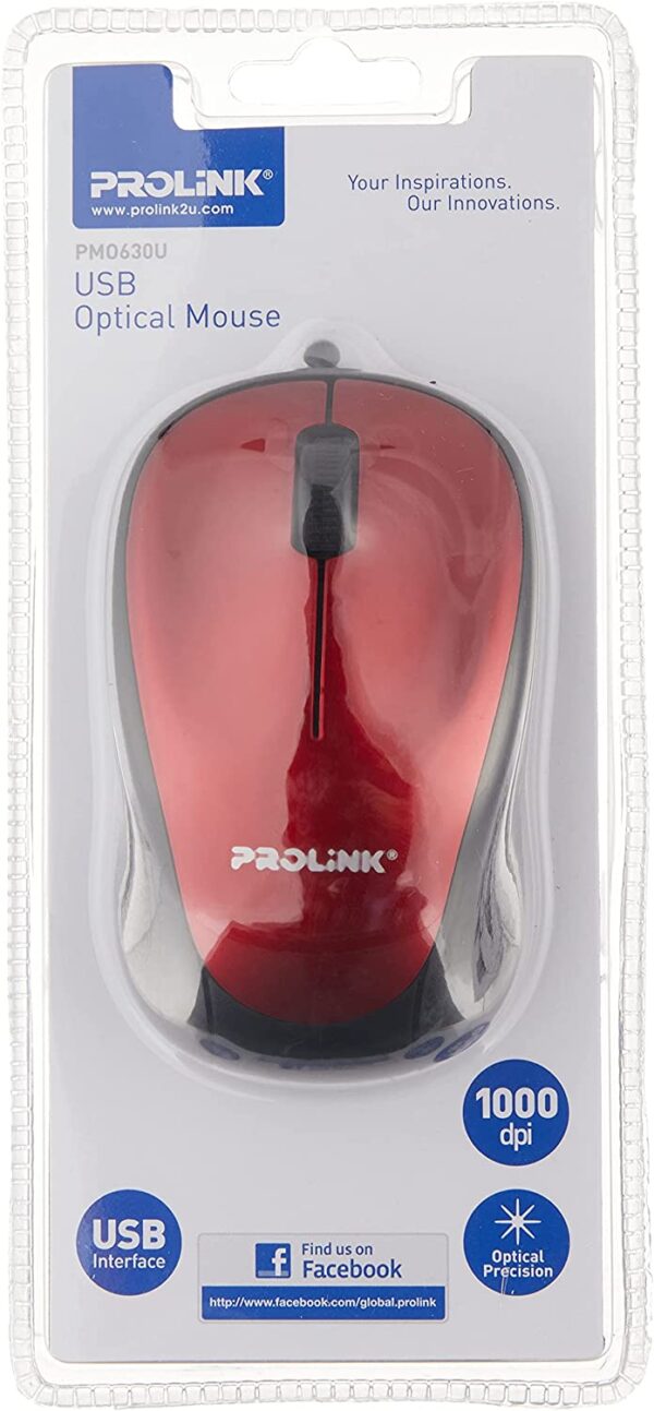 PROLiNK PMO630U-Red USB Optical Mouse Black / Red / Grey - Image 2