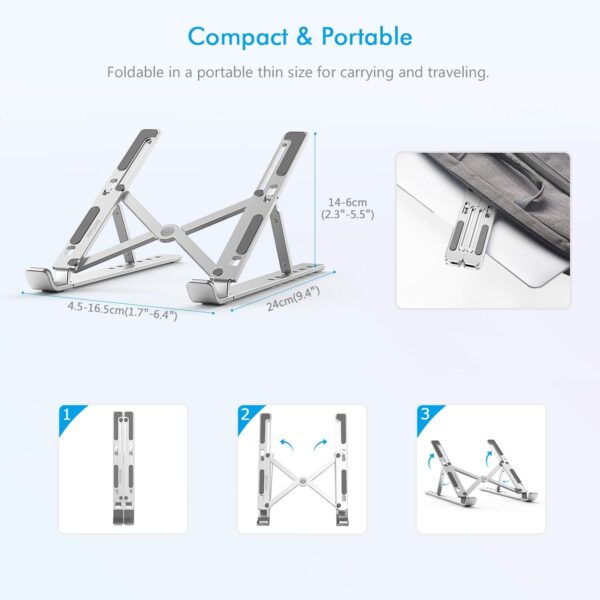 Ultra Compact Laptop Riser Stand | 6 Levels of Height Adjustable Portable Laptop Holder for Desk | Aluminum Foldable Laptop Riser, Compatible with  ALL Laptops up to 17.3 Inch Size | Silver - Image 3