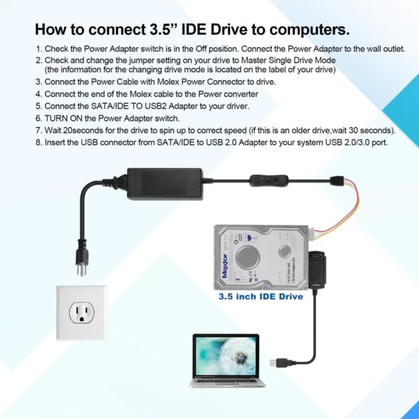 SATA/PATA/IDE Drive to USB 2.0 Adapter Converter Cable for 2.5/3.5 Inch Hard Drive/5 inch Optical Drive with External AC Power Adapter - Image 4