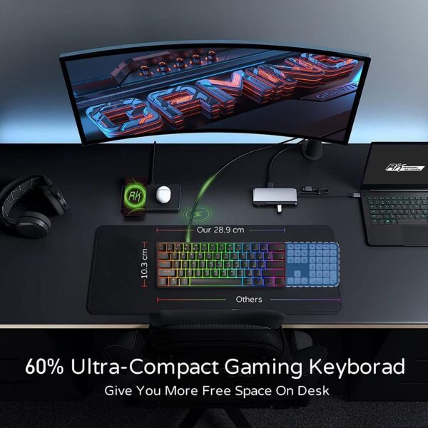 RK ROYAL KLUDGE RK61 61 Keys Mechanical Keyboard , 3 Connection Modes USB-2.4Ghz/Bluetooth/Wired/ Wireless - RGB Hot Swappable Blue Switch Gaming Keyboard - Arabic / English - BLACK - Image 9
