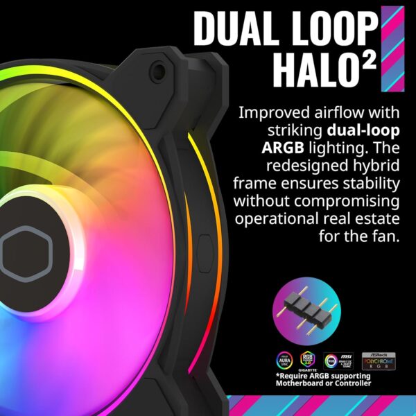 Cooler Master Master Fan MF120 Halo² 3in1 PC Case Air Cooler Fan, Dual Loop Gen 2 ARGB LEDs Rings, Dynamic PWM 120mm 2,050 RPM, Air Balance Blades, Hybrid Frame - Image 12