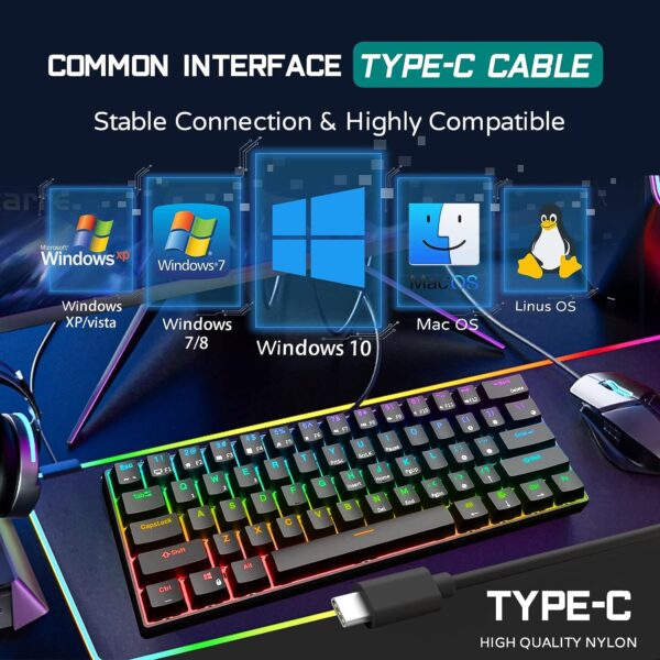 RK ROYAL KLUDGE RK61 61 Keys Mechanical Keyboard , 3 Connection Modes USB-2.4Ghz/Bluetooth/Wired/ Wireless - RGB Hot Swappable Blue Switch Gaming Keyboard - Arabic / English - BLACK - Image 8