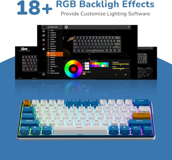 RK ROYAL KLUDGE RK61 Plus Wireless Mechanical Keyboard, Bluetooth/2.4G/Wired RGB Gaming Keyboard, 60% Hot Swappable Computer PC Keyboards with USB Hub, Silence Linear SkyCyan Switches -  English/Arabic - Image 5