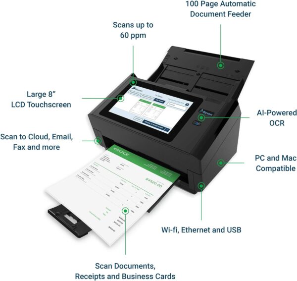 Raven Pro Document Scanner - Huge Touchscreen, High Speed Color Duplex Feeder (ADF), Wireless Scan to Cloud, WiFi, Ethernet, USB, Home or Office Desktop- NEW OPEN BOX - Image 3