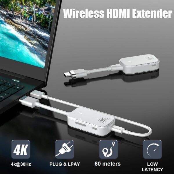 Wireless HDMI Transmitter and Receiver 4K, HDMI Wireless Extender Kit 60 meter 5GHz Plug & Play, Transfer Video Audio from Laptop, Home Theater, PC to Monitor, Projector , Compatible with window , Android , IOs , & MAC