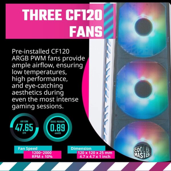 Cooler Master MasterBox 520 Mesh Airflow ATX Mid-Tower, Mesh Front Panel, Tempered Glass Panel, E-ATX up to 10.7”, Gen2 Type-C, Three CF120 120mm PWM Customizable ARGB Fan - White - Image 7