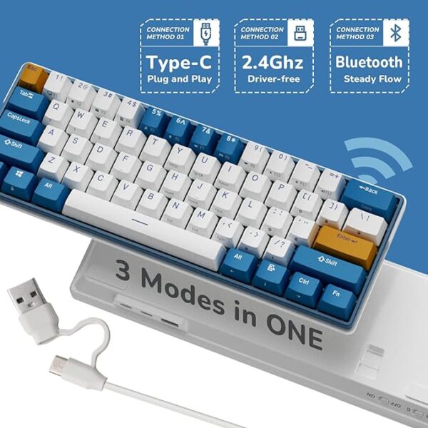 RK ROYAL KLUDGE RK61 Plus Wireless Mechanical Keyboard, Bluetooth/2.4G/Wired RGB Gaming Keyboard, 60% Hot Swappable Computer PC Keyboards with USB Hub, Silence Linear SkyCyan Switches -  English/Arabic - Image 10