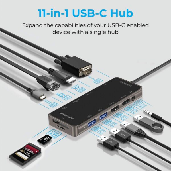 Promate USB-C Hub, 11-in-1 Adapter with 100W PrimeHub-Pro - Image 9