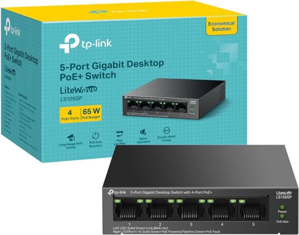 TP-Link 5-Port Gigabit Desktop Switch with 4-Port PoE+, up to 10 Gbps switching capacity, 65 W PoE Budget up to 250 m Transmission, desktop or wall-mounting design, Plug and play, metal case(LS105GP) - Image 9