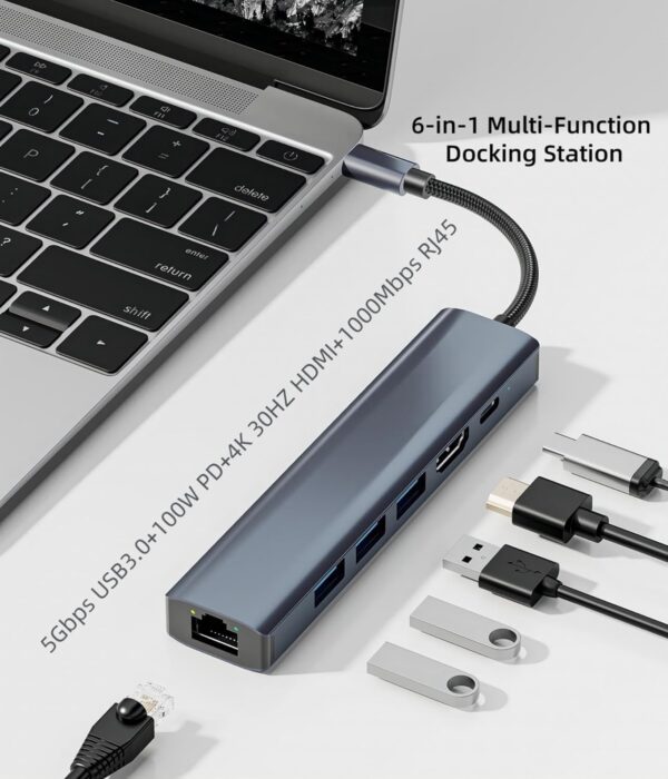 USB C HUB, 6-in-1 USB C Adapter Docking Station with 4K 30HZ 1080P HDMI,100W PD,USB3.0 * 3,RJ45 Ethernet,Compatible with MacBook Pro/Air, Other Type C Laptops Devices. - Image 3
