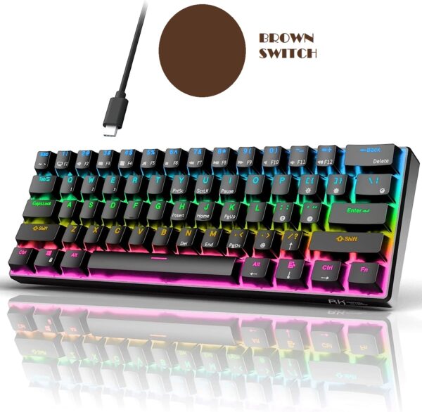 RK ROYAL KLUDGE RK61 61 Keys Mechanical Keyboard , 3 Connection Modes USB-2.4Ghz/Bluetooth/Wired/ Wireless - RGB Hot Swappable BROWN Switch Gaming Keyboard - Arabic / English - BLACK