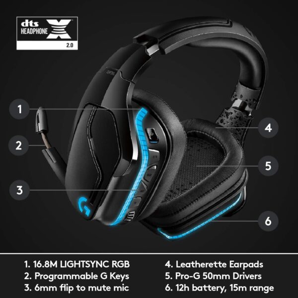 Logitech G935 Wireless RGB LIGHTSYNC Gaming Headset with Microphone, 3.5mm Audio Jack, Memory Foam Earpads, Lightweight, Compatible with PC, PlayStation, Xbox, Nintendo Switch – Black - OPEN BOX - Image 5