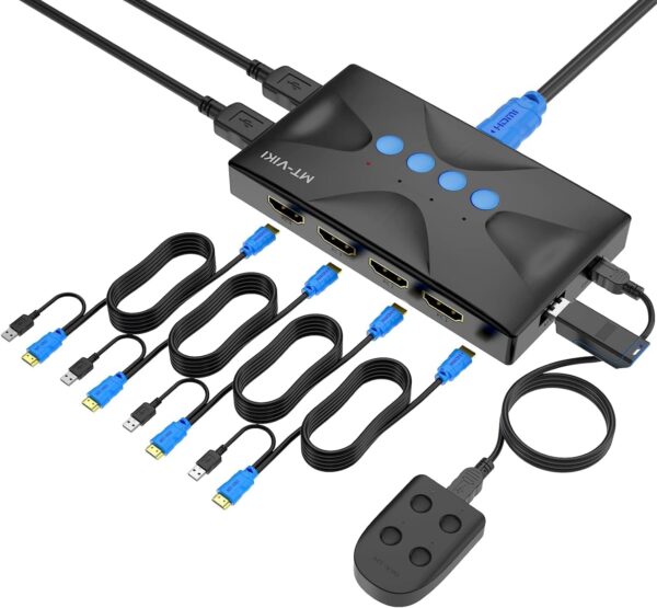 KVM Switch HDMI 4 port Boxes, 4K@30hz USB KVM HDMI Console for 4 Computers sharing Keyboard Mouse and HD Monitor with 4 pack -  2in1 KVM Cables + Desktop Selector Included